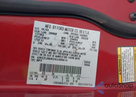 2004 Mercury Mountaineer из США, поврежденный, VIN 4M2ZU86K24UJ00614